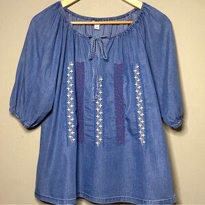 Cato Chambray Blouse Women Large Medium Blue Embroidery Peasant Boho New